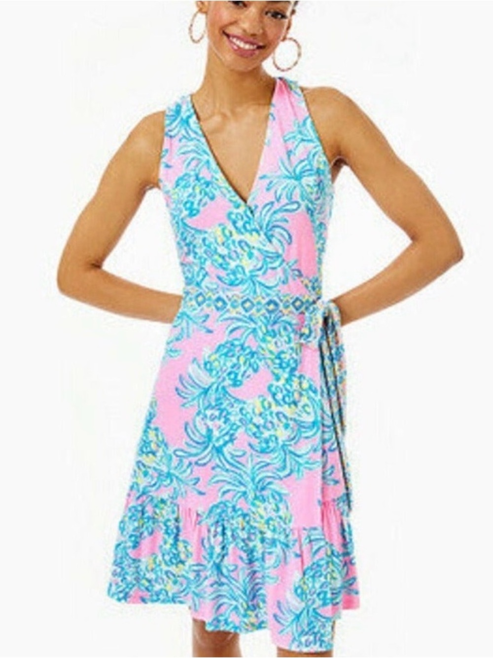 Lilly Pulitzer Misha Wrap Dress Beat the Heat Pelican Pink Blue Sz L Resort